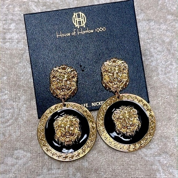 Brand New House of Harlow 1960 Lion Head Gold Tone Black Statement Drop Earring - Picture 3 of 14